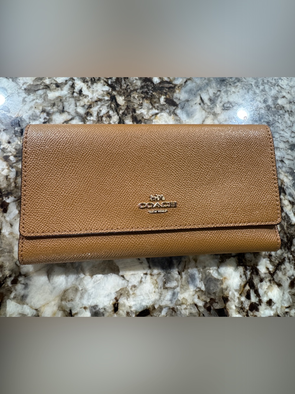 Coach Brown Pebbled Leather Continental Wallet with Gold Logo